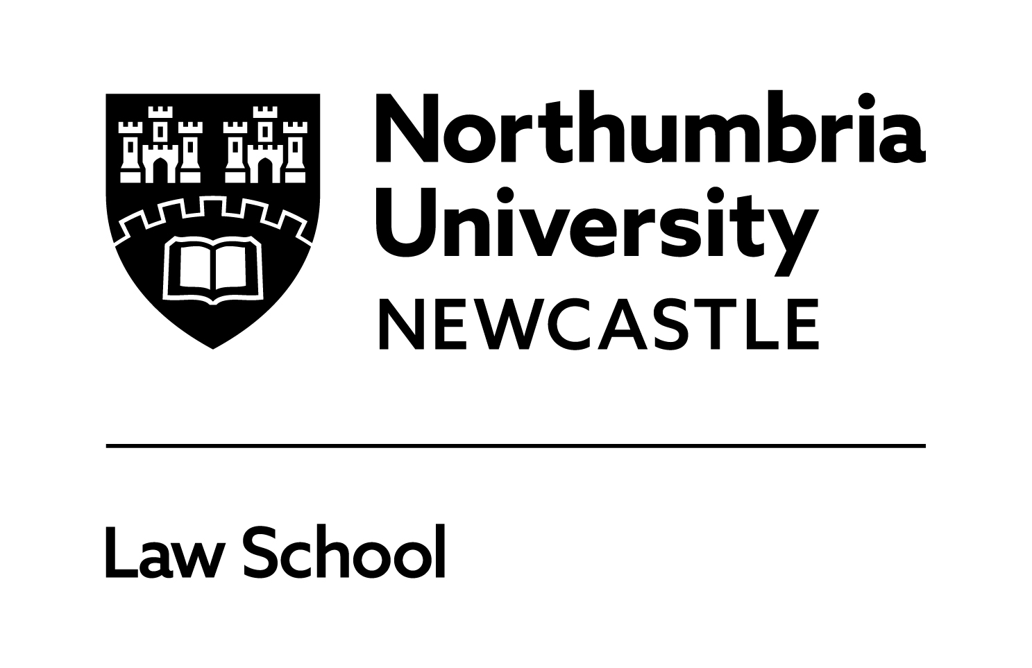 This image is a logo. On the left-hand side is a black shield with castle turrets and an open book in white within the shield. To the right of the shield are the words in black font 'Northumbria University NEWCASTLE'. Below the shield and the wording is a black line, and below that line are the words 'Law School' in black font.