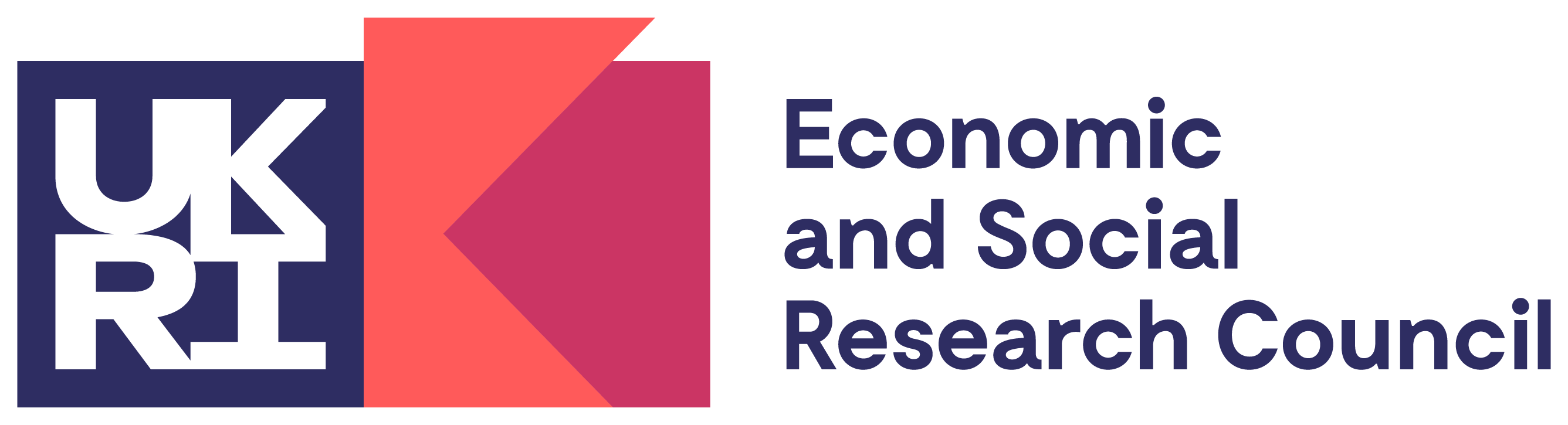 This image is a logo. On the right-hand side are the words 'Economic and Social Research Council' in a blue font. On the left-hand side is a blue box with the initials UKRI (standing for UK Research and Innovation). In the centre are orange and red angular shapes helping to form the logo.