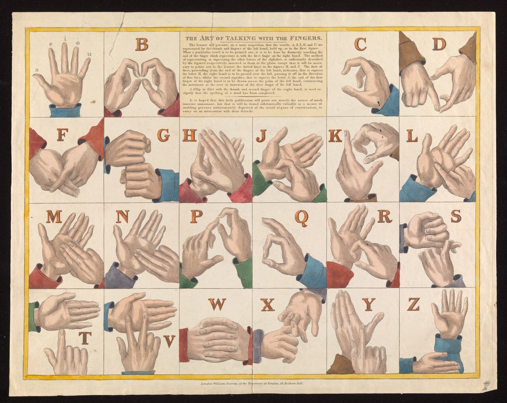 The image is an old, coloured etching that is on a cream background. There is a yellow border in a rectangle shape, and within that are smaller rectangles (six running along the bottom by four high). There should be 24 equal boxes in total but on the top line the two central boxes are merged into one larger box with the following wording inside: "The art of talking with the fingers." The wording continues: "The learner will perceive, on a mere inspection, that the vowels, A,E,I,O and U, are represented by the thumb and fingers of the left hand, held up, as in the first figure. When a particular vowel is to be pointed out, it is to be done by distinctly touching the end of the finger which represents it, with the first finger of the right hand. The method of representing, or expressing, the other letters of the alphabet, is sufficiently described by the figures respectively annexed to the them in the plate, except that it will be necessary to point out to the learner the dotted lines in the figures H, and J. The first of these, proceeding from the end of the fingers of the left hand, indicates, that to express the letter H, the right-hand is to be passed over the left, passing it off in the direction of this line; whilst the second signifies, that to express the letter J, the end of the first finger of the right hand is to be drawn across the palm of the left hand, commencing the movement at the root or insertion of the first finger of the left hand. A fillip or flirt with the thumb and second finger of the right hand, is used to signify that the spelling of a word has been completed. It is hoped that this little publication will prove not merely the source of much innocent amusement, but that it will be found substantially valuable as a means of enabling persons unfortunately deprived of the usual organs of conversation, to carry on an intercourse with their friends." Within the other 22 boxes are etchings of hands showing sign language with corresponding letters of the alphabet next to them.