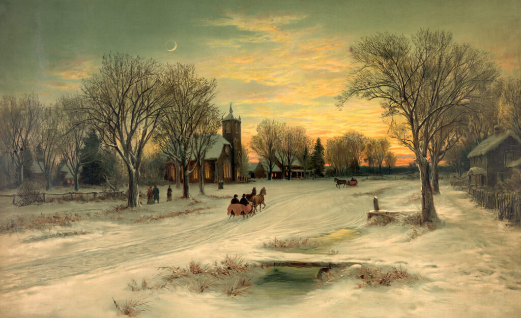 The image is an old painting of a snowscape. In the centre is an old church with a spire and there are lights shining out of the arched windows. In front of this is a road and a pavement that are covered in snow. There are a few trees at different points along the road, they have no leaves on them but there is snow on the branches. On the road are two horse drawn sleds with people sat inside in Victorian dress. On the snow-covered pavement are some people walking towards the church also dressed in Victorian clothing, these people include a man and woman walking together. The sky is a pale shade of blue with hues of sunlight shining through as the sun sets and there is a faint outline of the moon appearing.